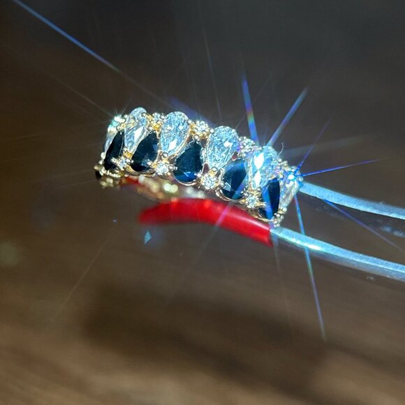 925 Gold Vermeil Alternating Black/White Cz Ring - Picture 3 of 11